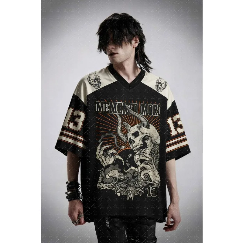 V Neck Football Jersey Vintage Horned Demon Skull Snake Memento Mori Print Black Cream Orange Striped Sleeve Loose Sport Tee