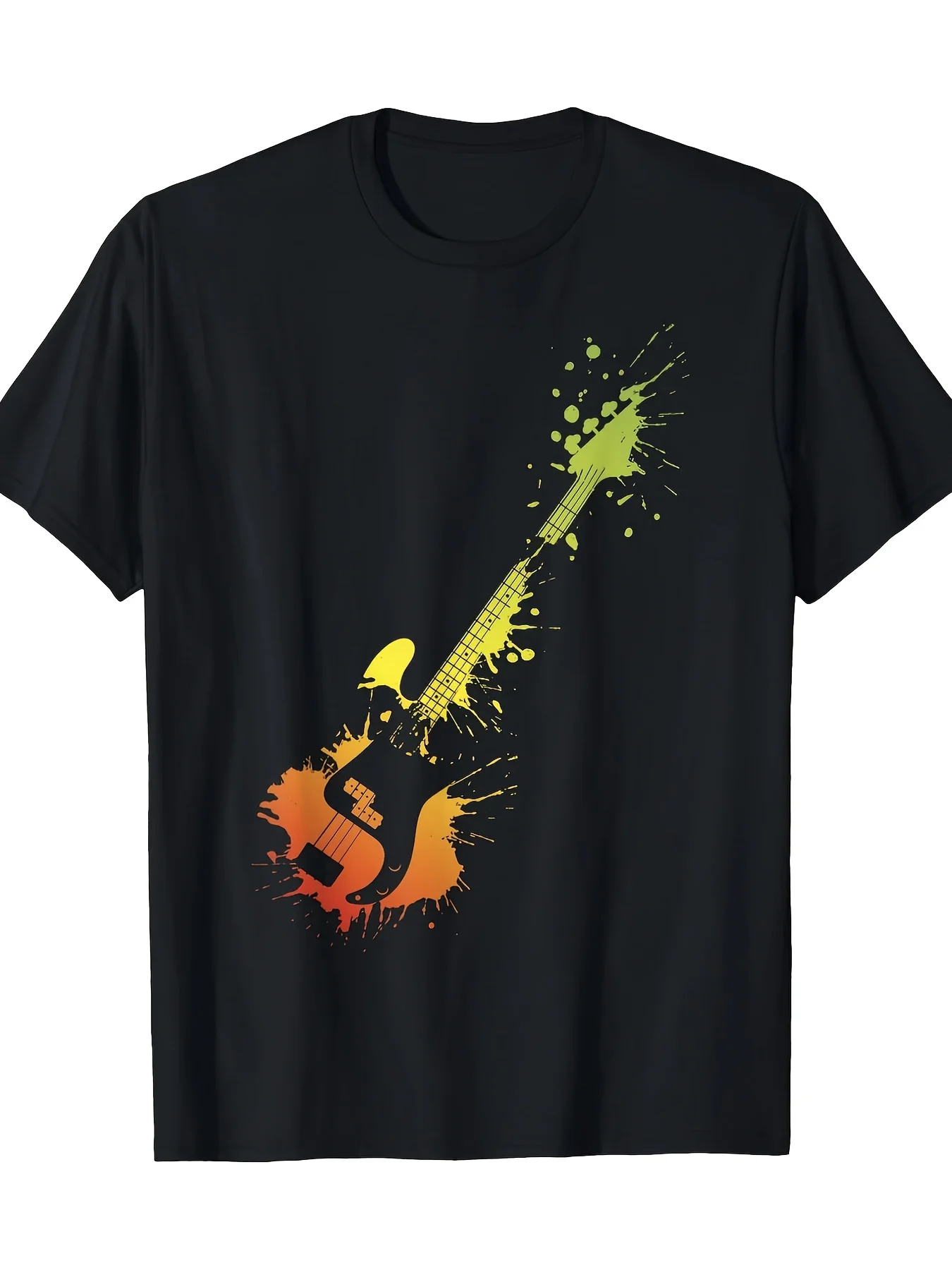 Men's 100% Cotton Bass Guitar Splatter Graphic T-Shirt - Retro Music Band Tee with Vibrant Green & Orange Design, Loose Fit Streetwear Short Sleeve Round Neck