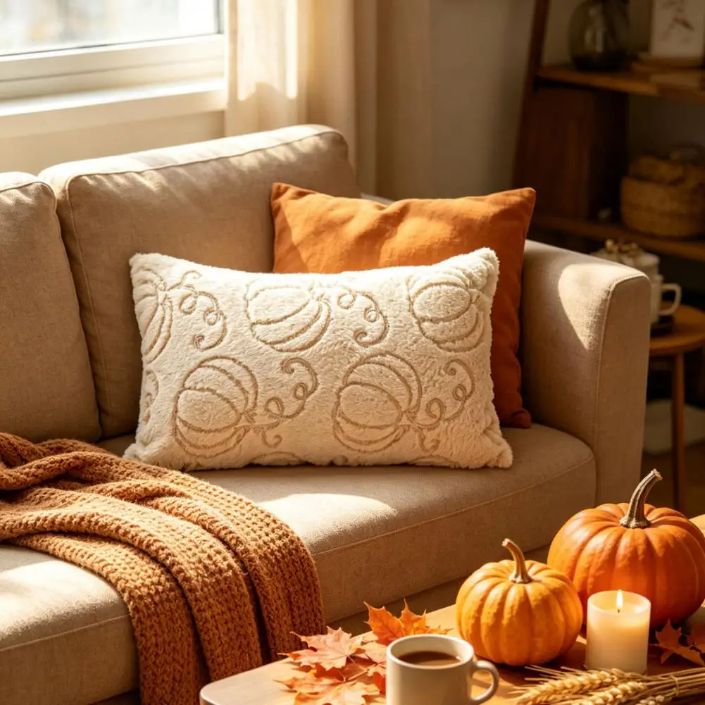 Pumpkin Pattern Pillow Fall Plush Cushion Cover Pumpkin Embroidery Throw Pillow Maple Autumn for Thanksgiving for Couch