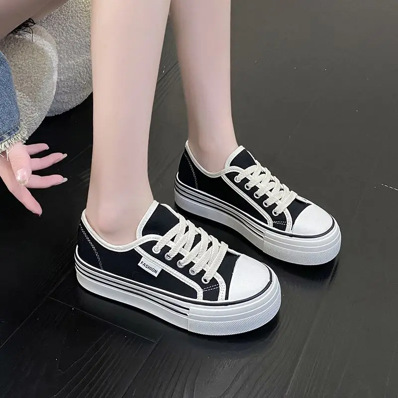 

Girls plimsolls sneaker woman black versatile sport shoes for women 2025 summer white tennis platform canvas loafer vulcan shoes