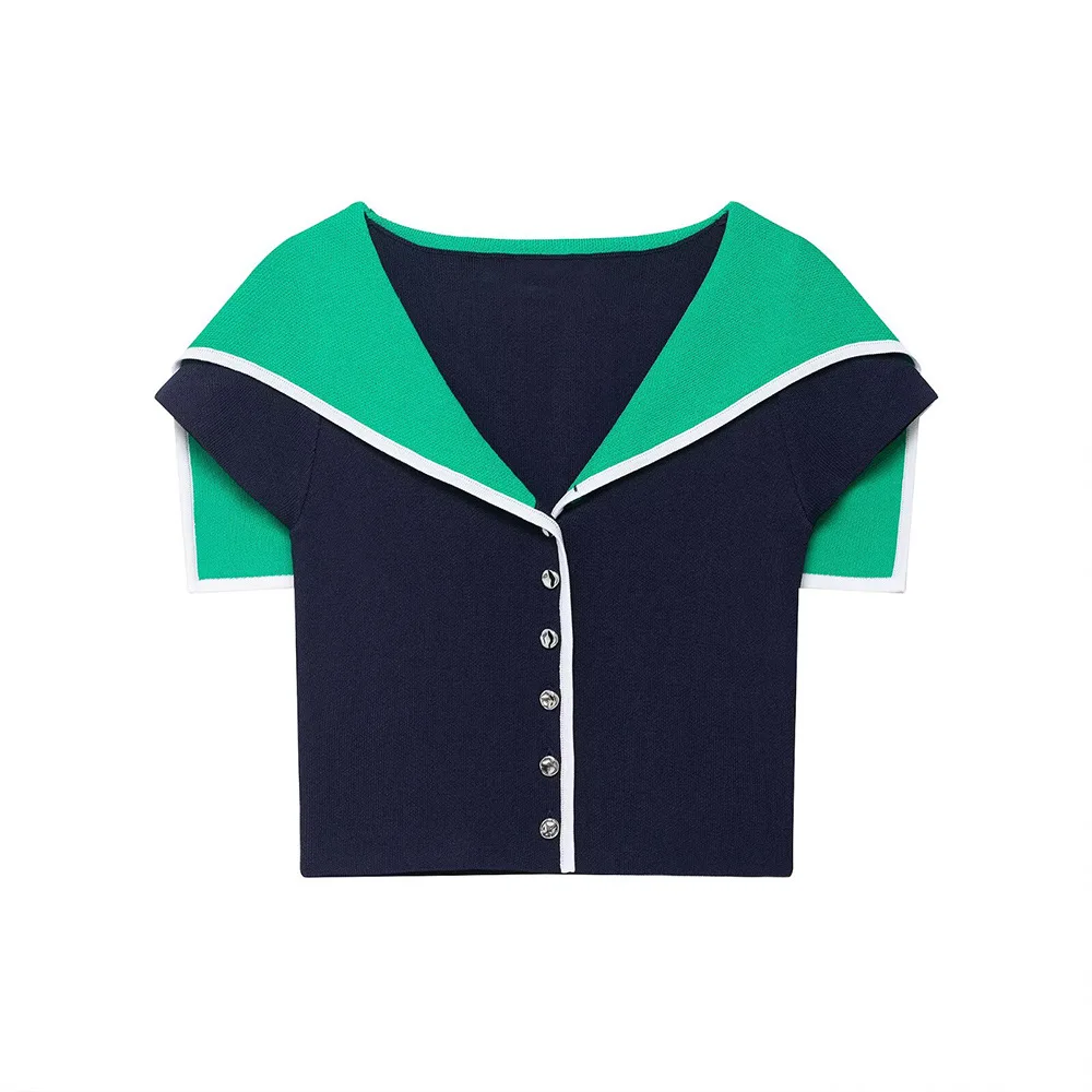 

Women's cross-border early autumn new fashion college style contrast lapel knitted cardigan versatile