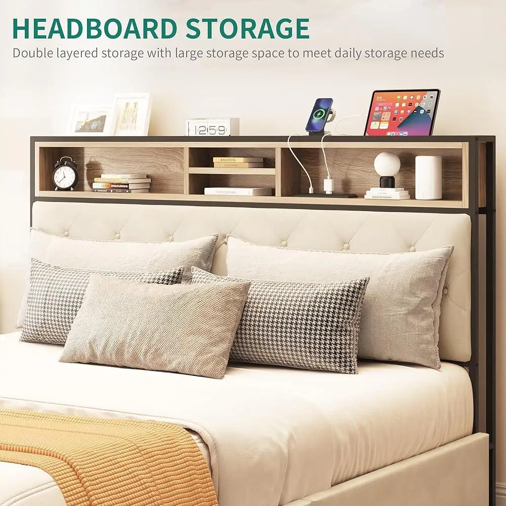 Queen Storage Bed Frame with 4 Drawers Upholstered Platform Dual USB Charging Ports Bookcase Headboard Noise Reduction Sturdy