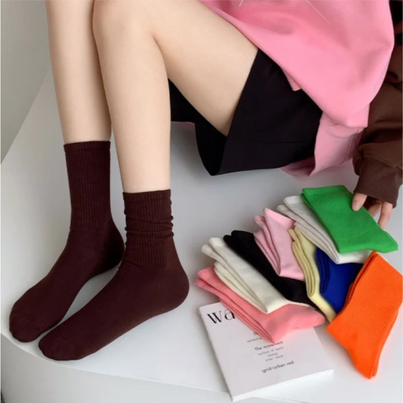 1/3/5/10 Paar nahtlose Baumwoll-Mid-Crew-Socken für Damen, einfarbig, Dopamin-Candy-Socken, Vintage-Slouchy-Söckchen, EU 35–40