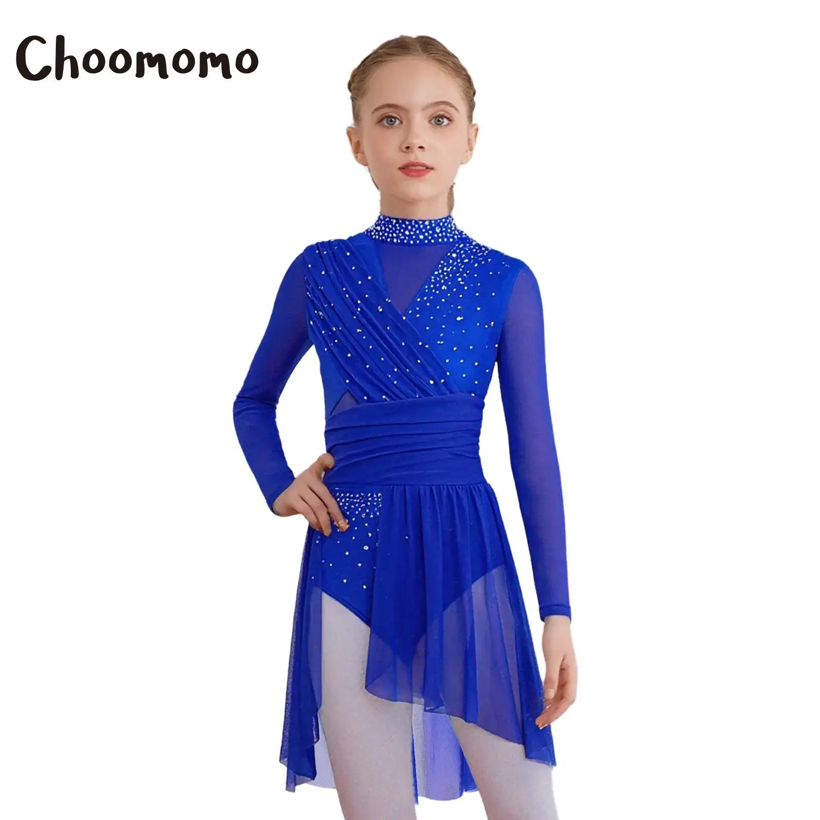 

Girls Gymnastics Ballet Lyrical Dance Dress Long Sleeve Side Split Sheer Mesh Rhinestones Figure Skating Leotard Dress Dancewear