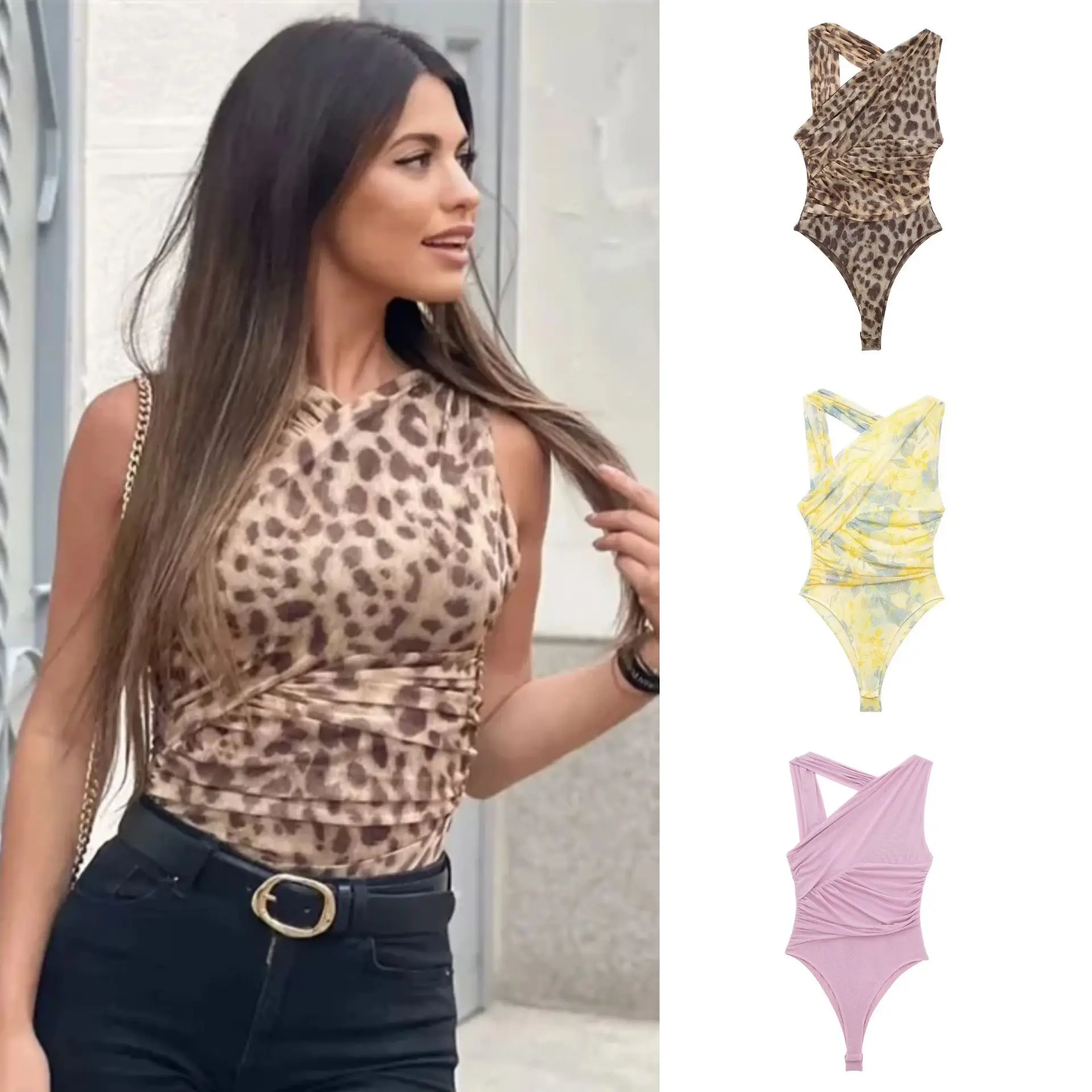 

Woman Body Leopard Tulle Bodysuit Pleated Asymmetric Animal Print Body For Women Summer Backless Sexy Mesh Black Bodysuit 2025