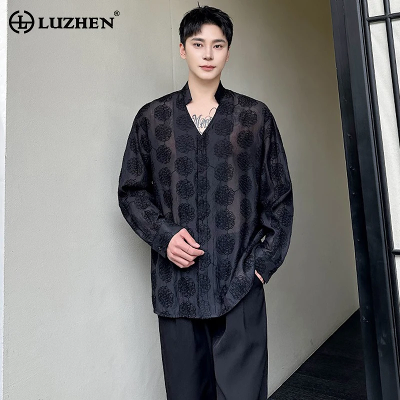 

LUZHEN Flowers Embroidered Translucent Design Long Sleeved Shirts Men Personality Trendy Elegant Handsome Korean Clothes LZ3199