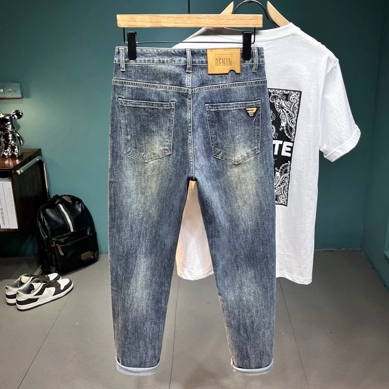 2024 Spring and Summer New Embroidery Design Men's Jeans Slim Fit All-Match Blue Fashion Trend Leisure Washed-out Trousers