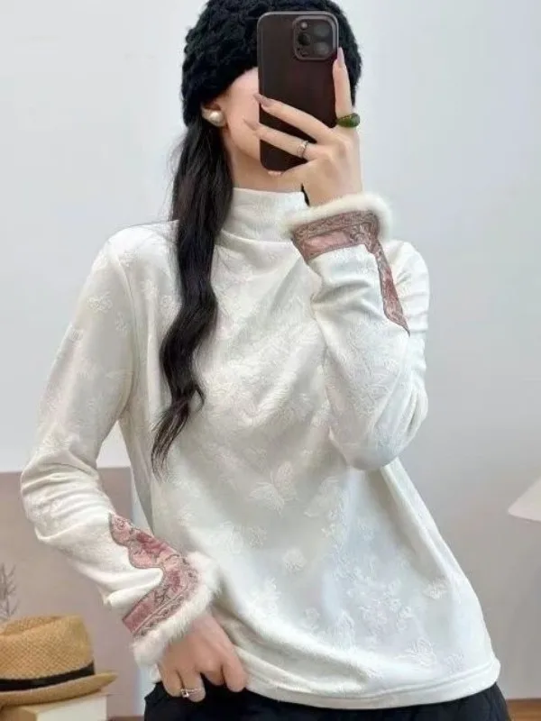 

Autumn Winter New Style Ethnic High Collar Chinese Style Base Layer T-Shirt Embroidered Long Sleeve Thermal Jacket