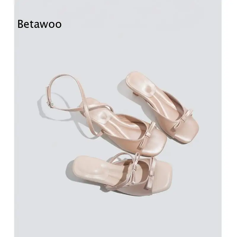 2026 Women Soft Leather Three Way Wear Bowknot Open Toe Slide Sandals Elegant Summer Party Dress Shoes