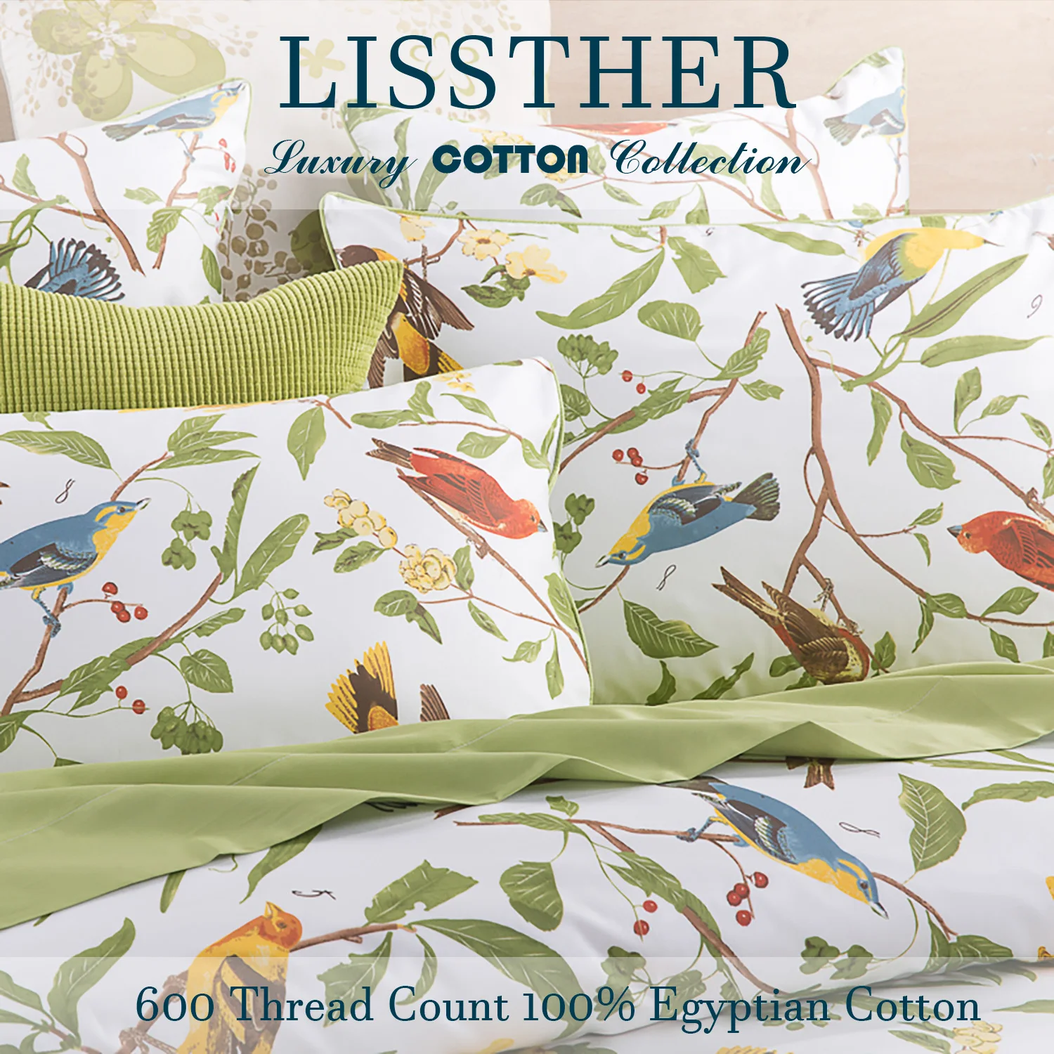 

3pcs 600TC 100% Egyptian Cotton Duvet Cover Set, Vintage Colorful Bird Floral, Soft Breathable Skin-Friendly (No Inserts)