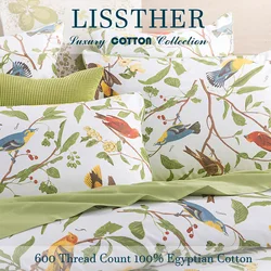 3pcs 600TC 100% Egyptian Cotton Duvet Cover Set, Vintage Colorful Bird Floral, Soft Breathable Skin-Friendly (No Inserts)