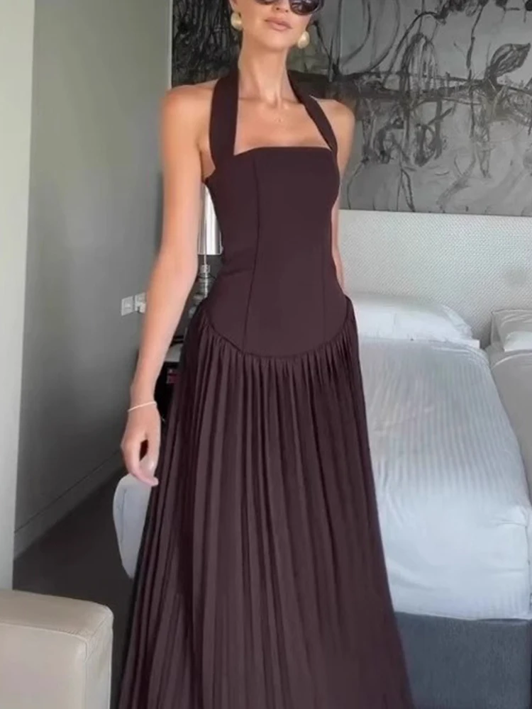 Women Clothing Elegant Pleated Dress Slimming Halter Neck Summer Dress Backless Night Date Sexy Long Dress Backless