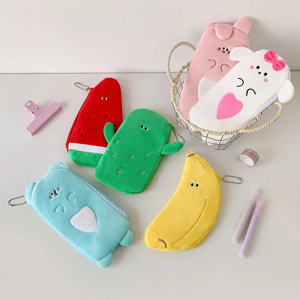 Plush Cartoon Storage Bag Animal Bear Bunny Desktop Storage Fruit Pencil Pouch Cosmetics Card Pen Large Capacity