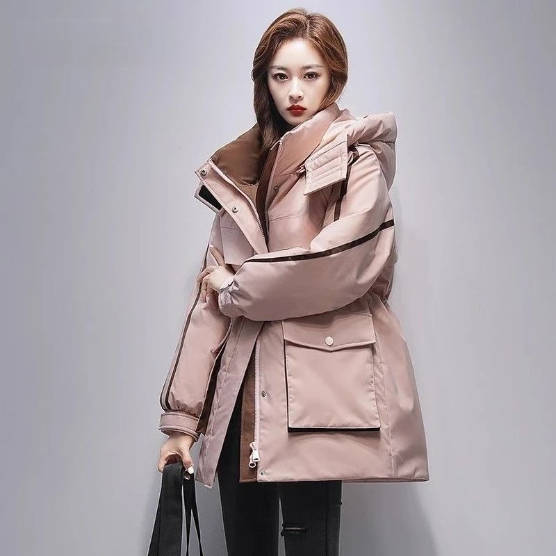

New Fashionable Cotton-padded Women Mid-length Color-blocked Workwear Overcomes Thick Waist-cinching Warm Slimming Loose Jacket