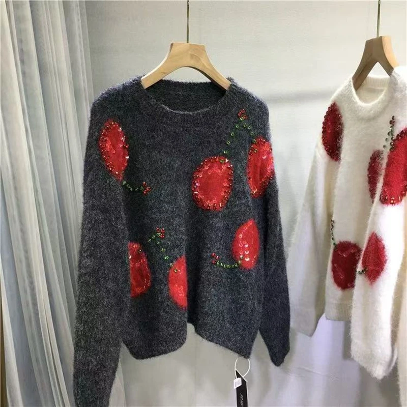 Luxus Stil Diamanten Stich Kirsche Muster Kurze Weiche Pullover Frauen Herbst Winter Lange ärmeln Gestrickte Pullover Weibliche Kleidung