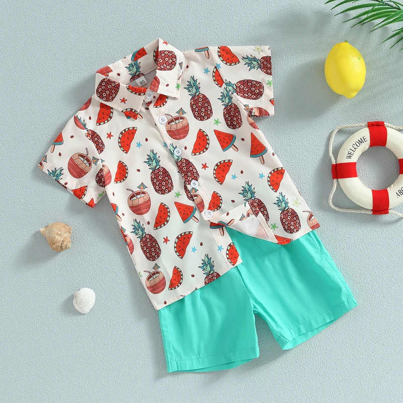 

Newborn Baby Boy Clothes Summer Short Sleeve Lapel Watermelon Coconut Tree Print Shirt Short Trousers 2Pcs Outfit