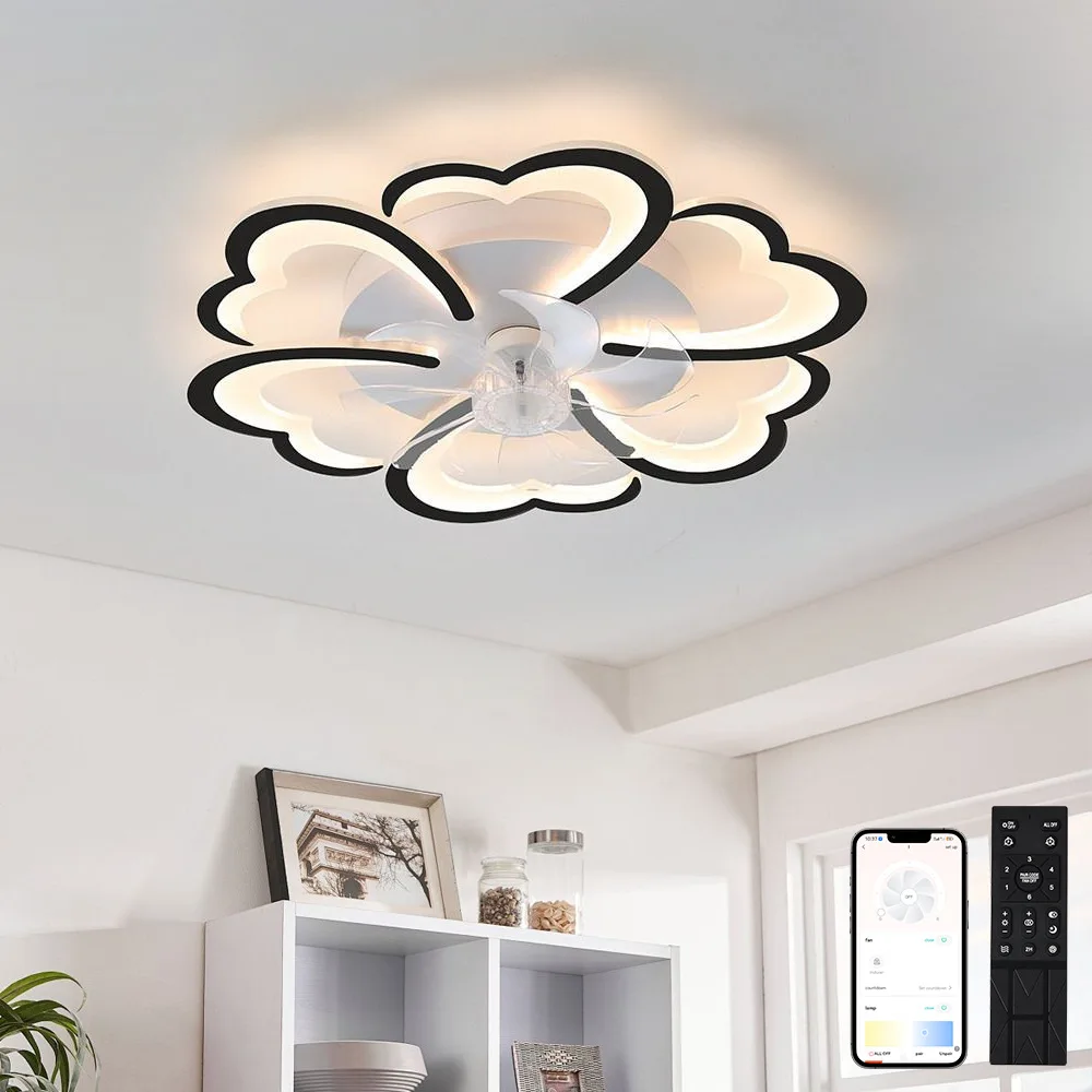 Modern Flower Ceiling Fan Light 3-Color Dimmable LED Ceiling Lamp with Remote & APP Control for Bedroom Living Room