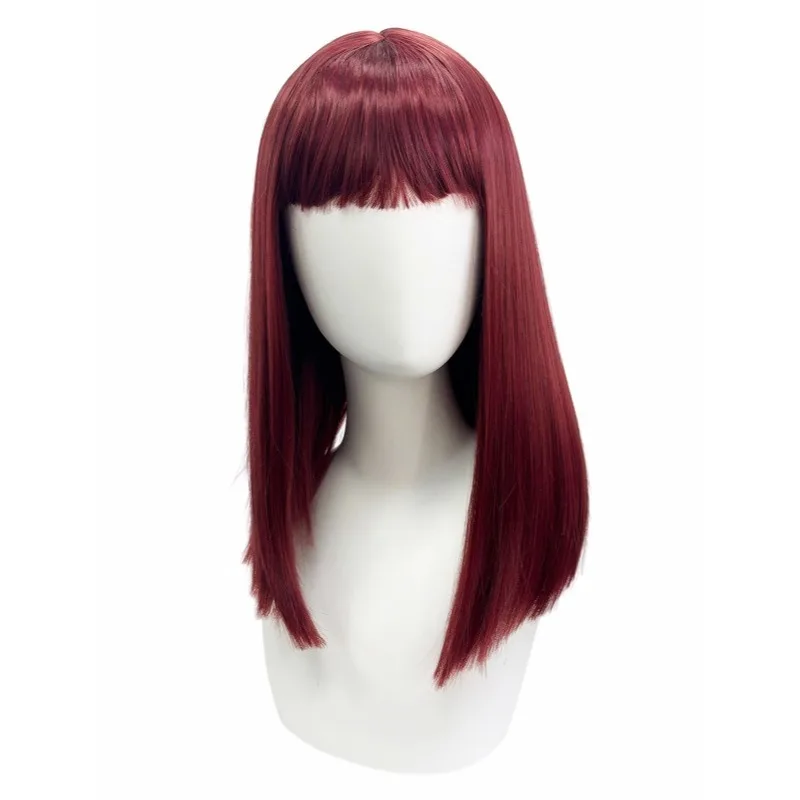 Anxin Brand Synthetic Fiber Wigs: Burgundy Long Straight Wig with Bangs, Cut at the Ends, Synthetic Fiber Machine-Made Wig for Parties, Music Festivals, Cosplay, and Everyday Wear