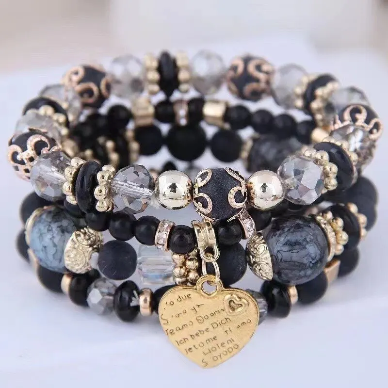 4pcs/set Boho Strand Bracelets For Women Crystal Beads Bracelets Heart Letter Elastic Bangles Wristband Yoga Jewelry Gifts A-