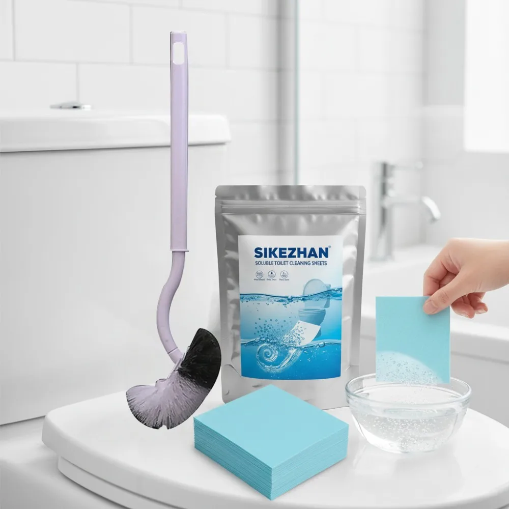 2-in-1 Bathroom Cleaning Duo: Angled Toilet Brush + Instant Dissolve Cleaning Sheets for a Sparkling Clean