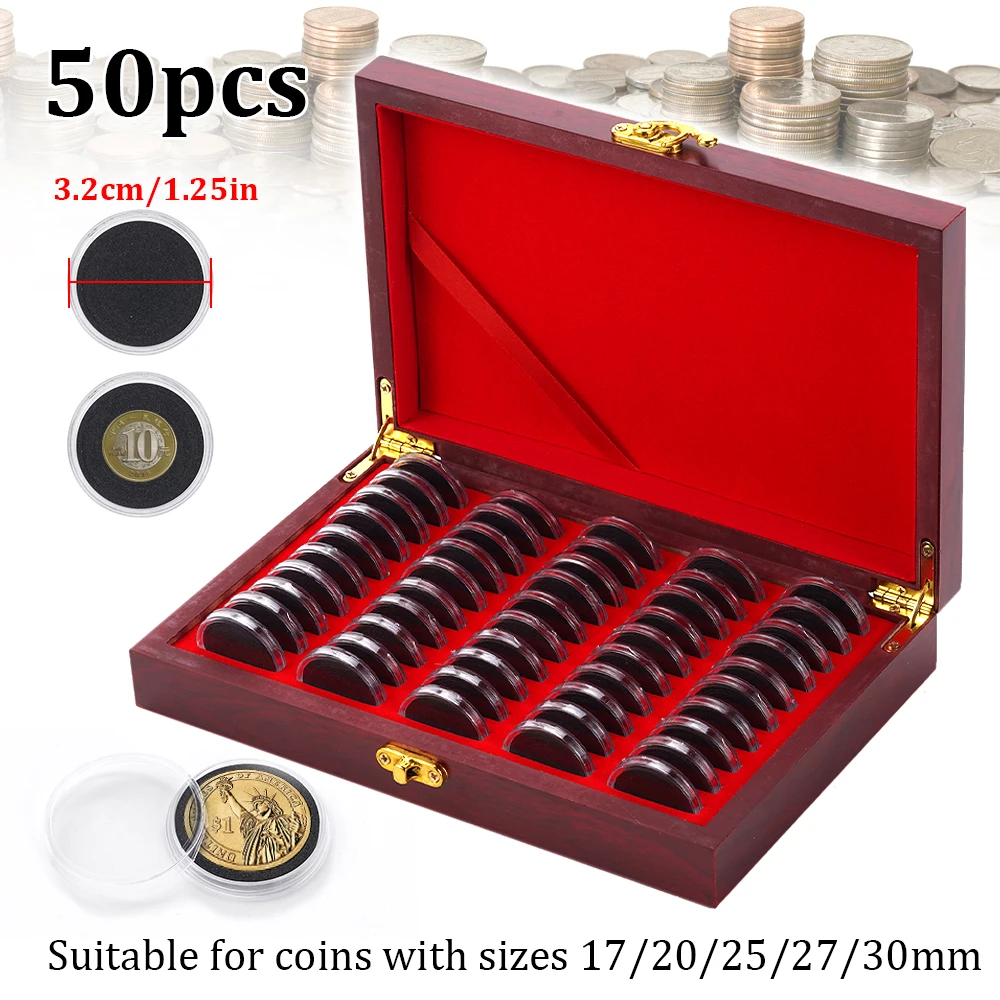 

50PCS Wooden Coin Collection Box - Wood Storage Case for Commemorative Coins Organizer Home Organizer adjustable inner pads