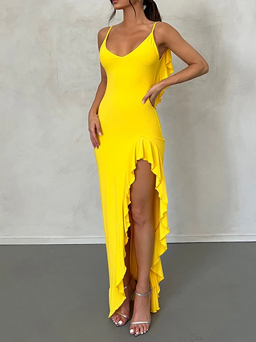 

Women Summer Sleeveless Ruffled Maxi Dress Fishtail Hem Solid Color V-Neck Bodycon Party Cocktail Long Dress