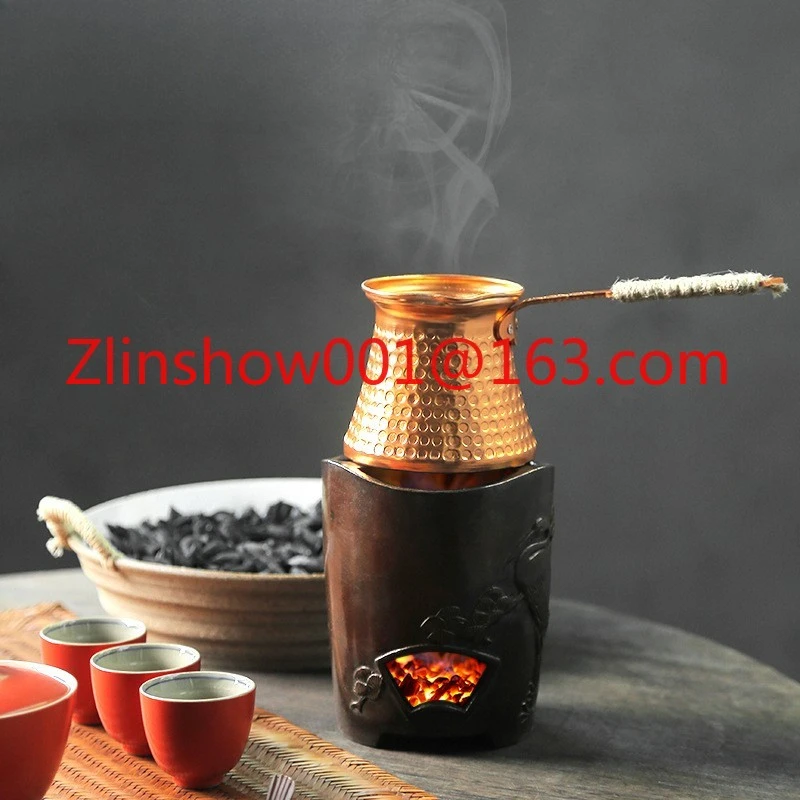 

Portable Copper-Plated Turkish Coffee Pot with Handgrip Direct Flame Heating Metal Teapot for Tea and Milk Tea Brewing