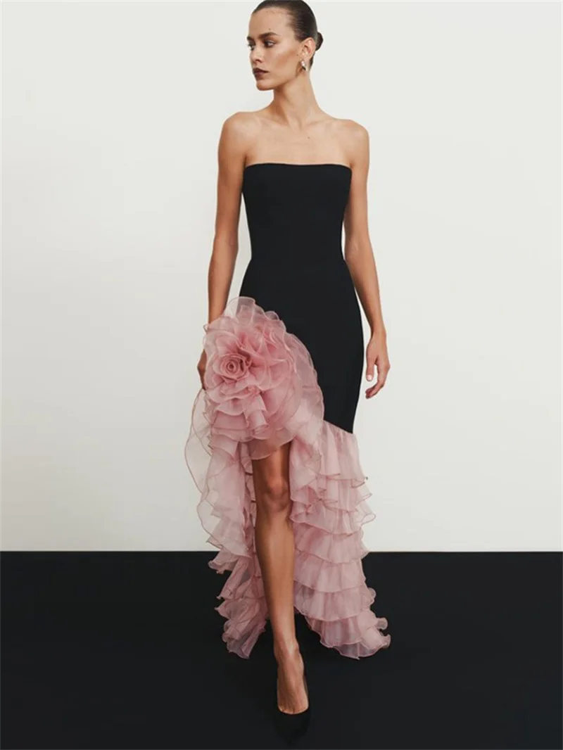 

Sexy Prom Dress Strapless Sleeveless Side Split 3D Flower Party Gown Black Pink Formal Wedding Guest Birthday Evening Robe
