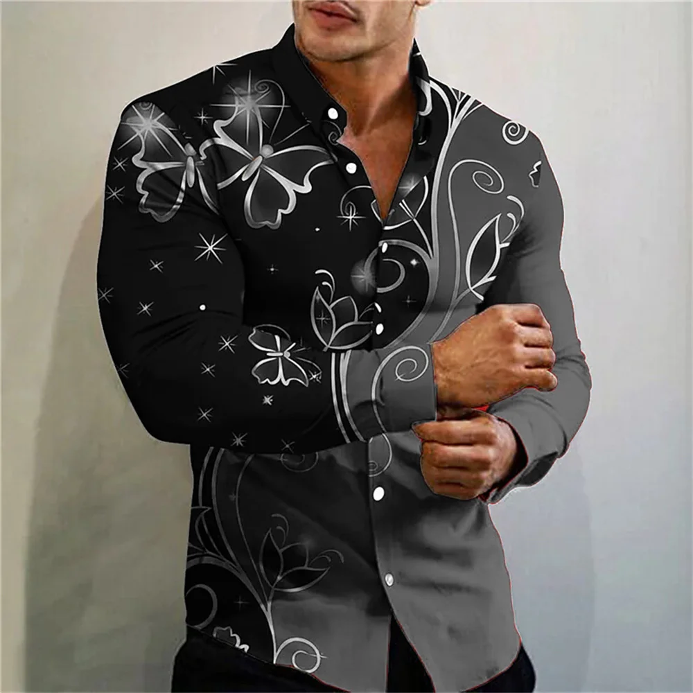 7 colors butterfly pattern 3D digital printing long sleeved shirt casual men's comfortable soft fabric men's clothing