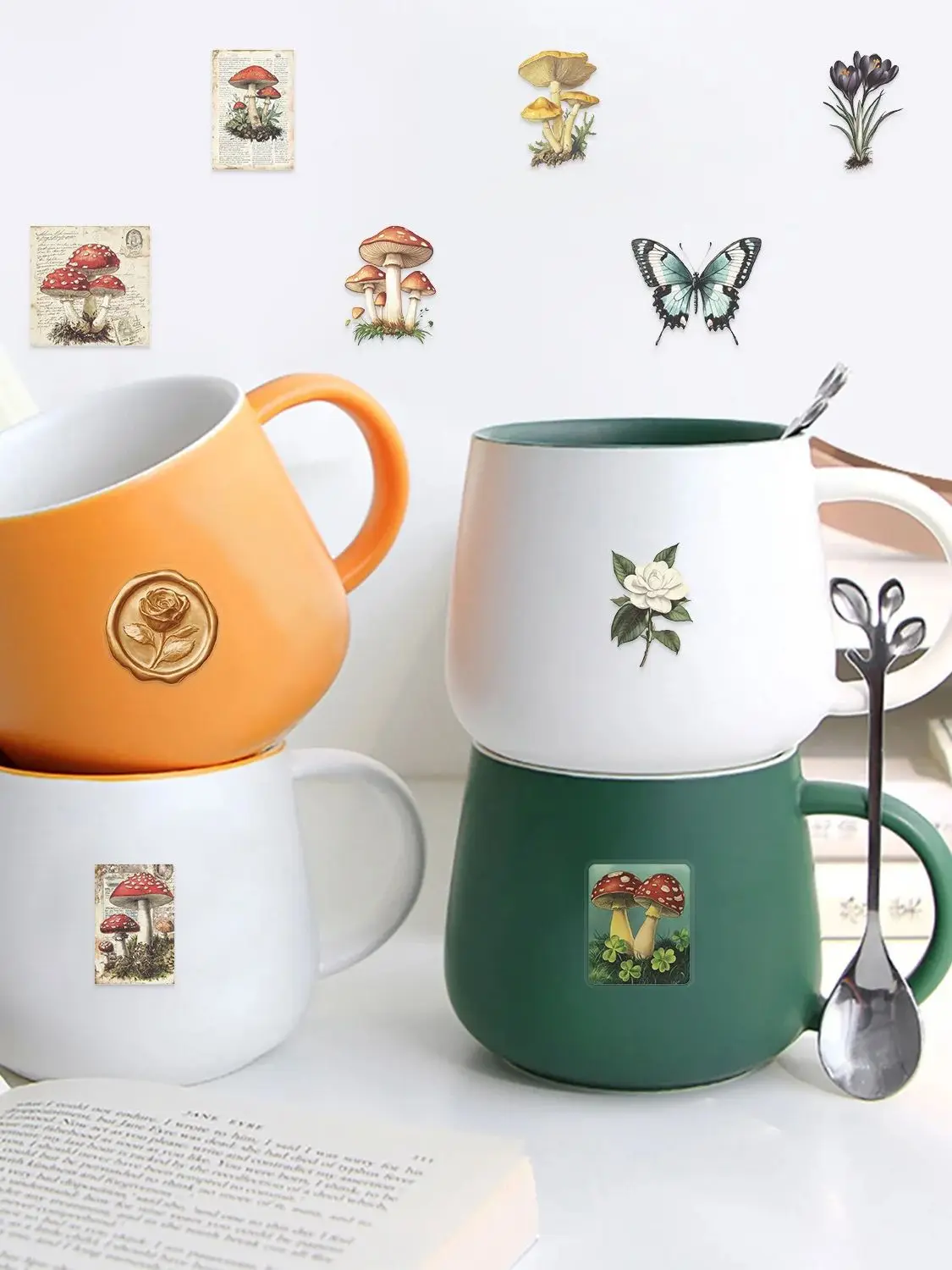 Autocollants champignons rétro, 50 pièces, autocollants transparents imperméables pour bricolage artisanat fournitures de papeterie autocollants guitare ordinateur portable