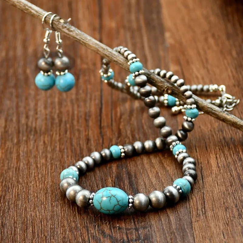 2PCS Vintage Round Beads Inlaid Imitation Turquoise Necklace Earring Set Women's Fashionable Personalized Handmade Jewelry