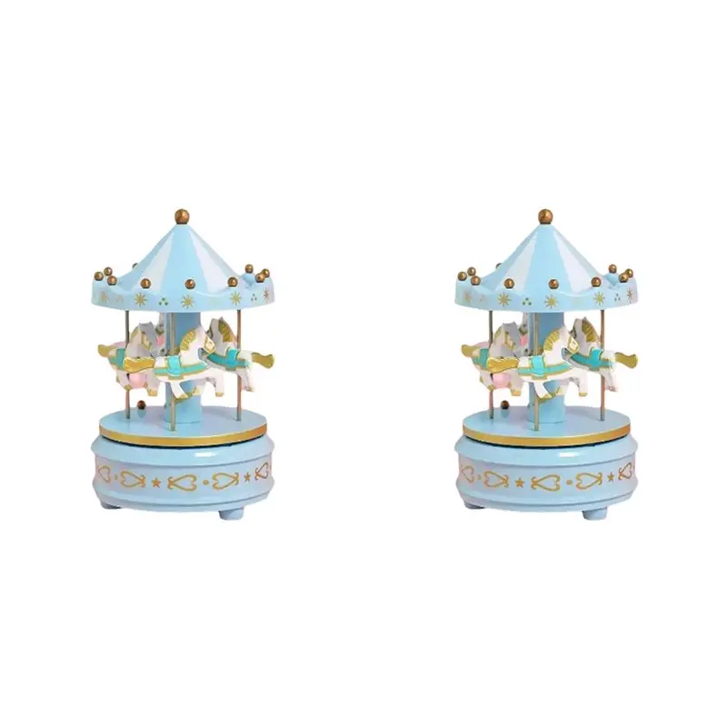 2Pcs Luxury Carousel Music Box 4 Horses Rotate Rotation Romantic Luxury Carousel Handwork Music Box Gifts Blue