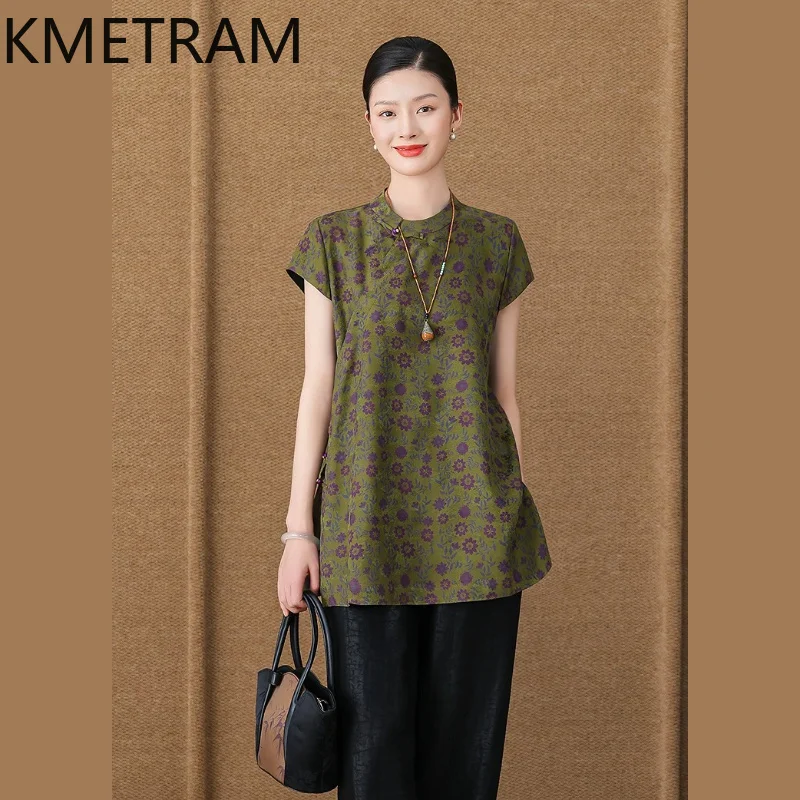 KMETRAM 100% Mulberry Silk Blouses Women 2026 Summer New Chinese-style 35MM Silk Frog Buttons Short-sleeved Shirts Chemise Femme