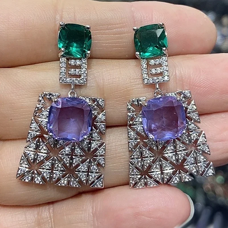 

original design earrings zirconia shiny square drop pendant luxury jewelry women daily wear cute gift