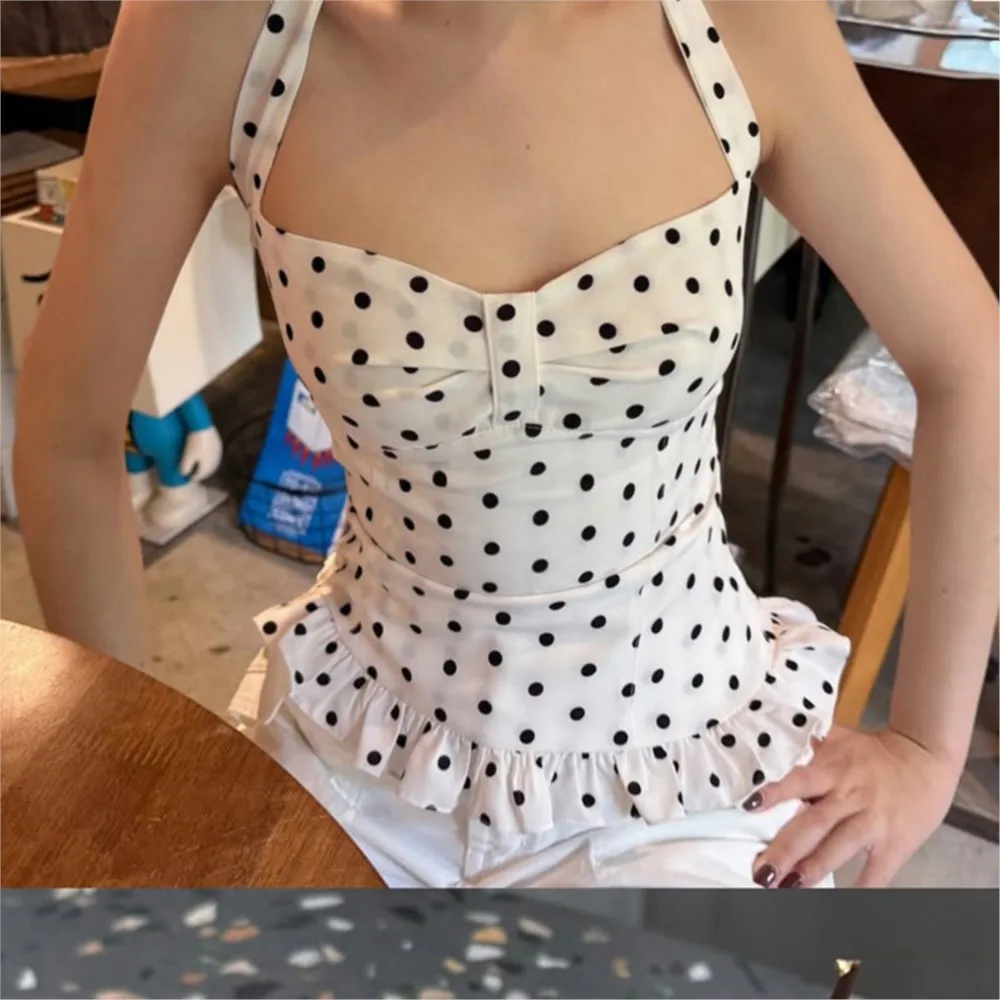 

2026 French Camisetas Blusas Sleeveless Tops T Shirt Tees Romantic Sexy Sweet Polka Dots Neck Halter Slim Fashionable Leace-up