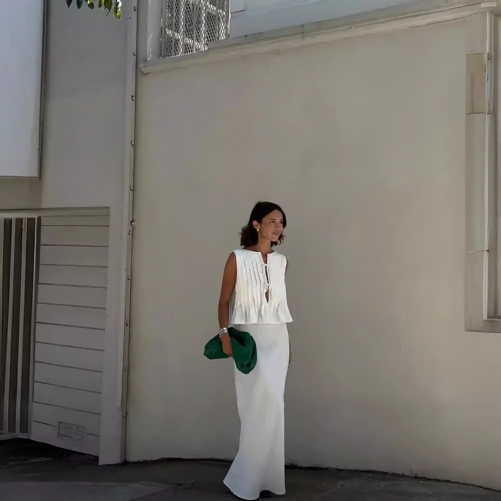 Folding Ruffled Lace-up Tops Skirt Suits Women, Stylish Sleeveless Ruffled High Waist Long Skirt, Elegant White Lace Tie Shirt