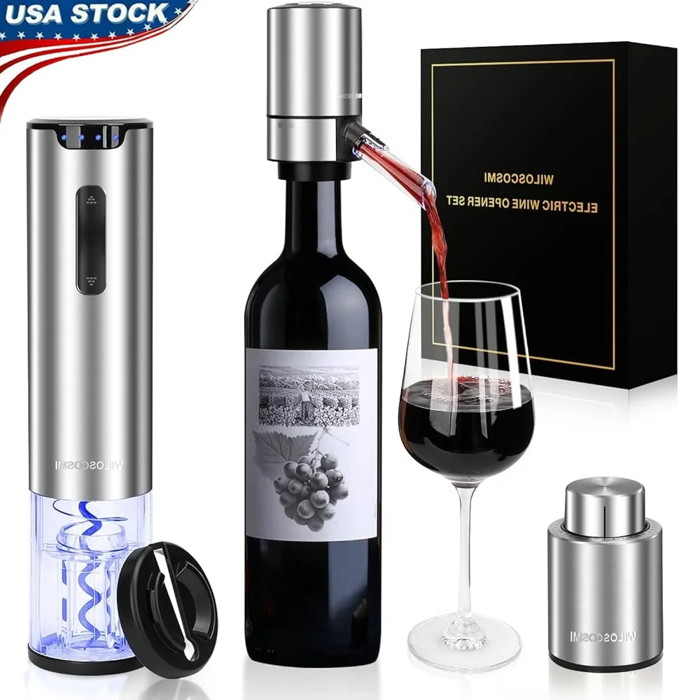 

Electric Wine Opener Set Rechargeable Automatic Corkscrew with Aerator Vacuum Stopper Foil Cutter Stainless Steel Wine