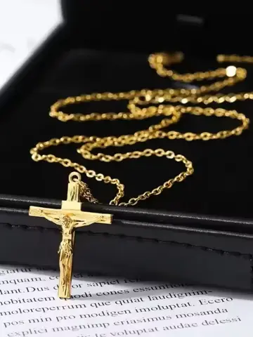 Cross Necklace 18K Gold Plated Religious Pendant Unisex Church Jewelry Gift Hypoallergenic Non-Fading Chain