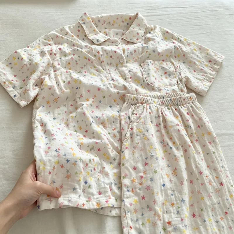 Summer Pajama Set Colorful Star Print Lapel Neck Short Sleeve Elastic Waist Shorts Sleepwear Loungewear Casual Ladies Nightwear