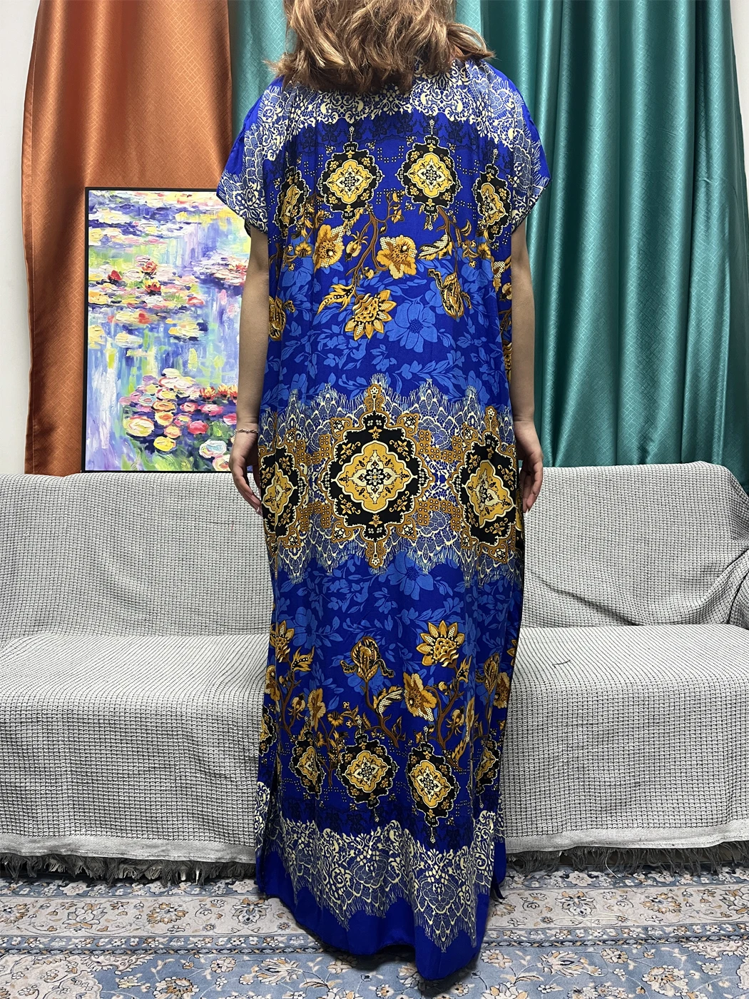 Conjunto de veste curta floral com o pescoço feminino, Abayas de algodão, solto, Africano, Nigéria, Tradicional com lenço, Dubai