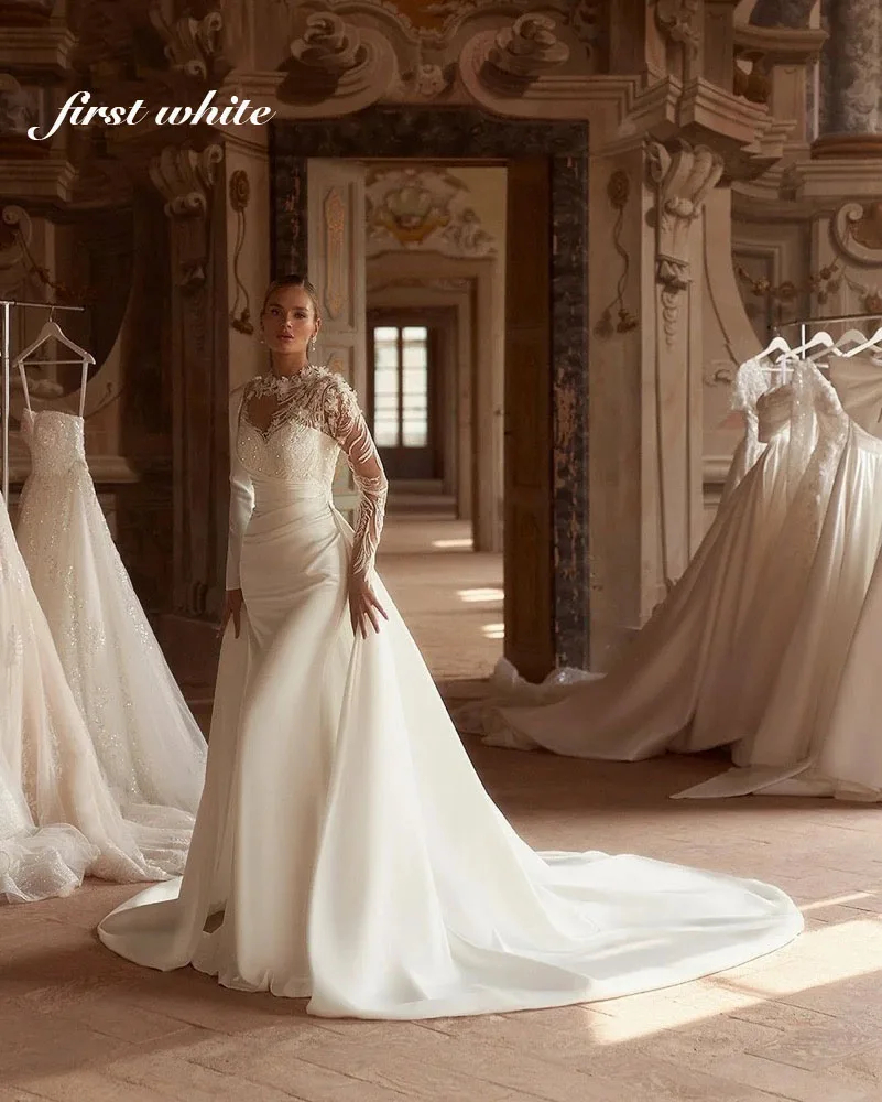 

Перво белые элегантные свадебные платья русалки с кружевными аппликациями и круглым вырезом с длинными рукавами, свадебное платье Vestidos De Novia по индивидуальному заказу