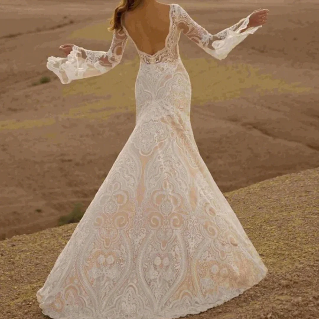 مضيئة الأكمام الجلباب العميق الخامس الرقبة عارية الذراعين زي العرائس بوهيميا فساتين الزفاف زي العرائس الأنيقة تخصيص 2025