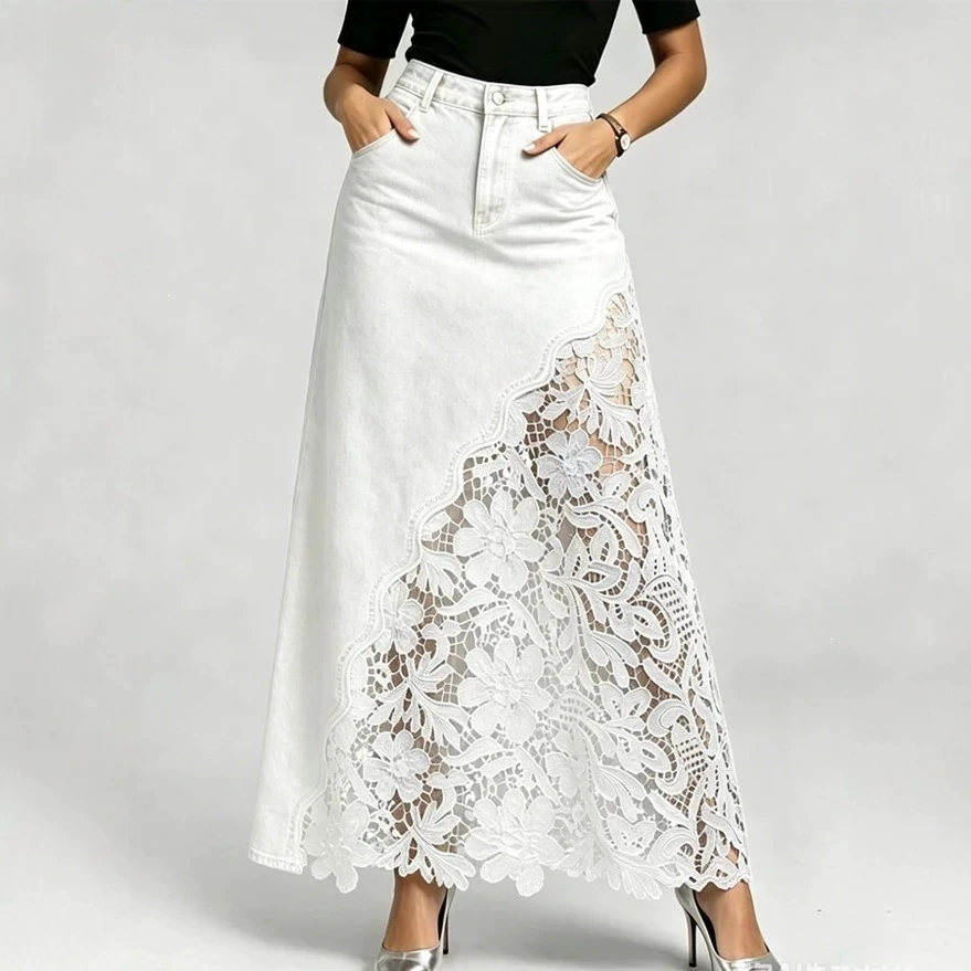 Women Elegant Lace Spliced Denim Skirt High Waist Slim A-line Skirt Washed Denim Wrap Hip Long Skirt All Match Fashion Bottoms