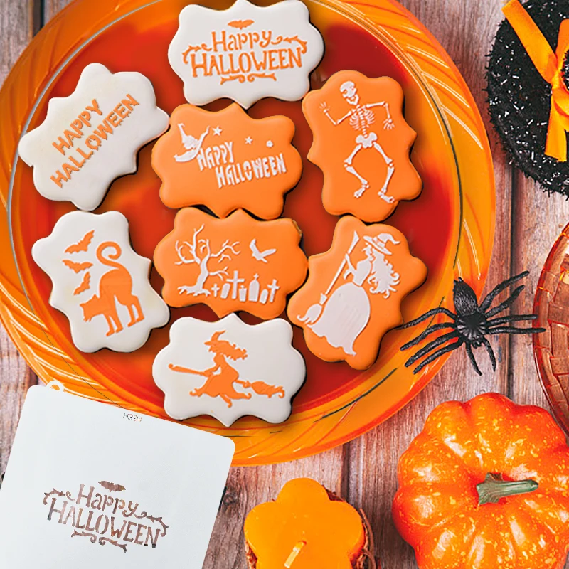 

Halloween Cookies Stencil Pumpkin Ghost Witch Cat Fondant Chocolate Cake Mold Coffee Stencils Template DIY Cake Decorating Tools