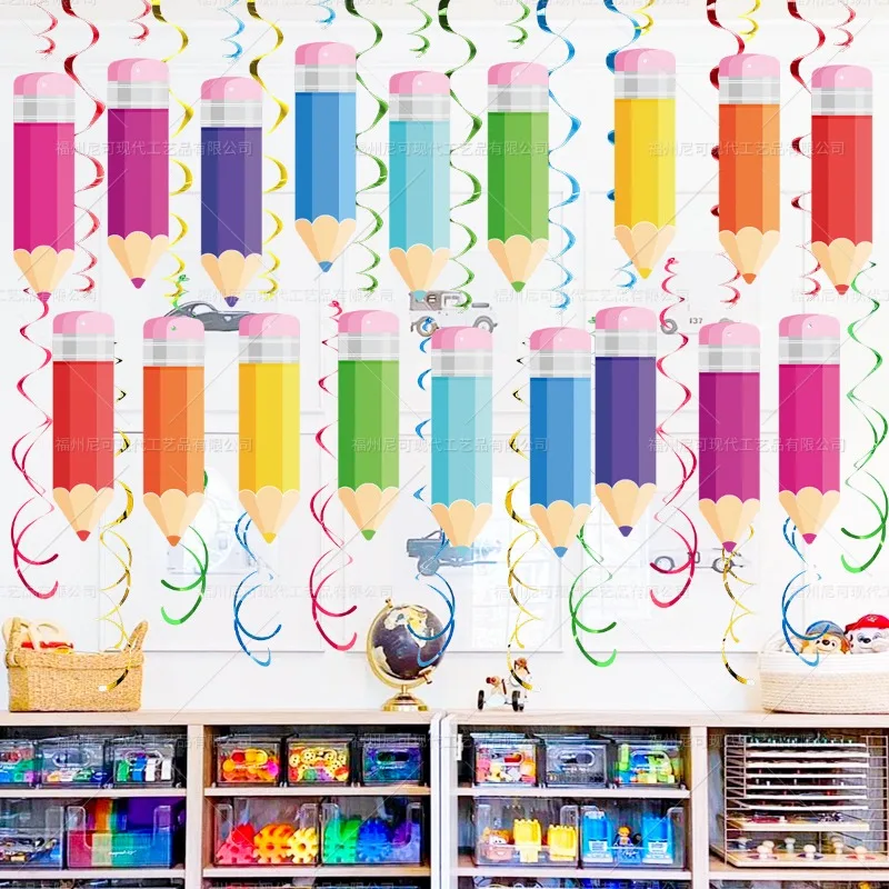 48pcs Colourful Paper Pencil Streamers Pvc Spiral Decoration Spiral Banner Party Ceiling Hanging Ornaments For School Home Kid view 6