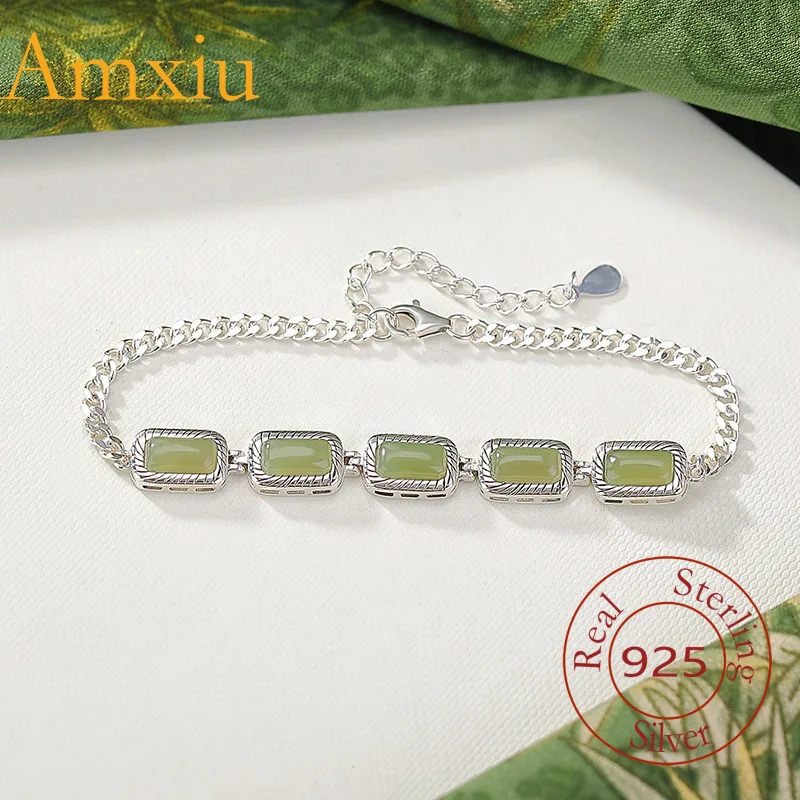 

Простой серебряный браслет унисекс Amxiu из стерлингового серебра 925 пробы с натуральным нефритом Хэтянь и геометрическим узором