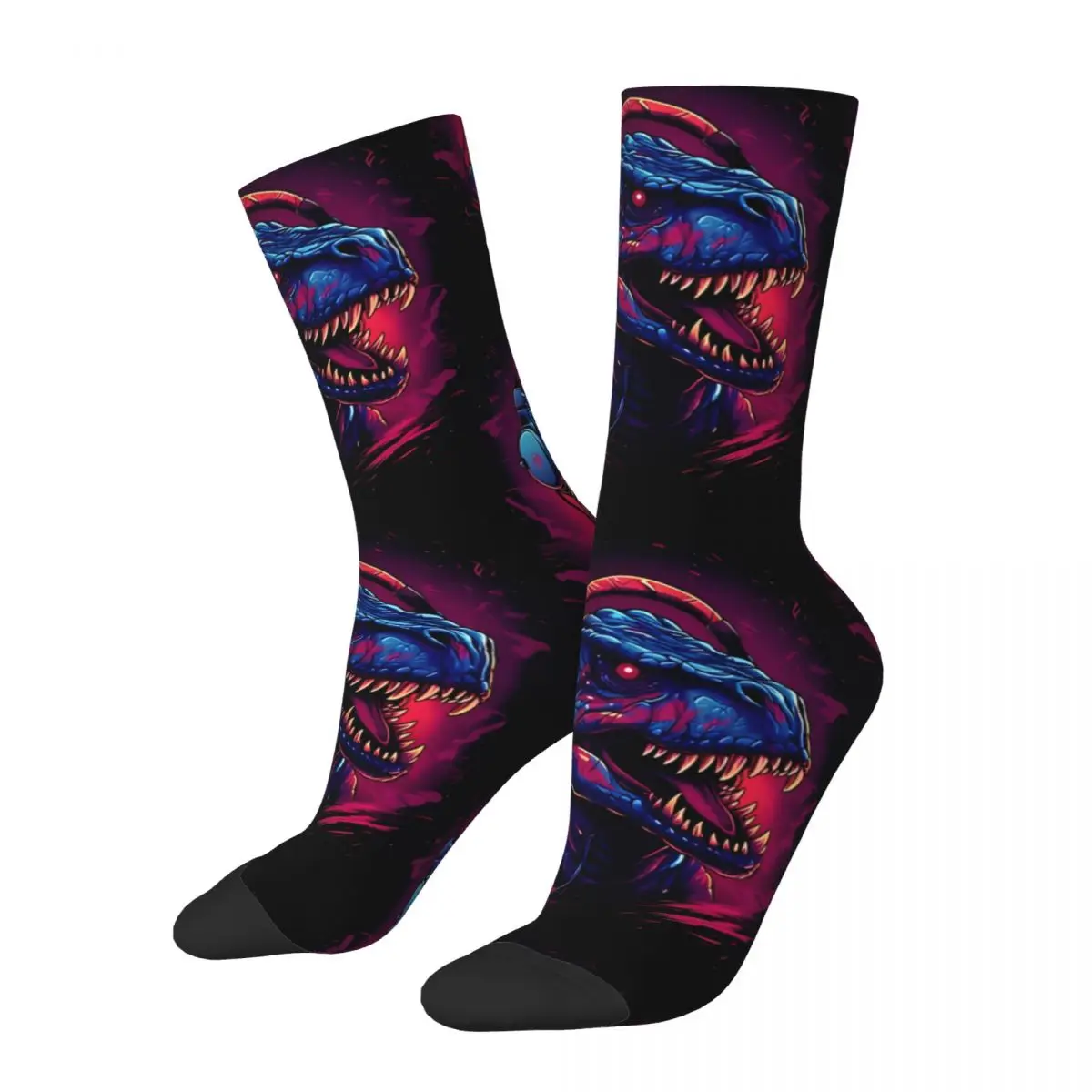 T-Rex With Headphones Funny Men's Socks Retro T. Rex Dinosaurs Street Style Seamless Crew Sock Gift Pattern Printed