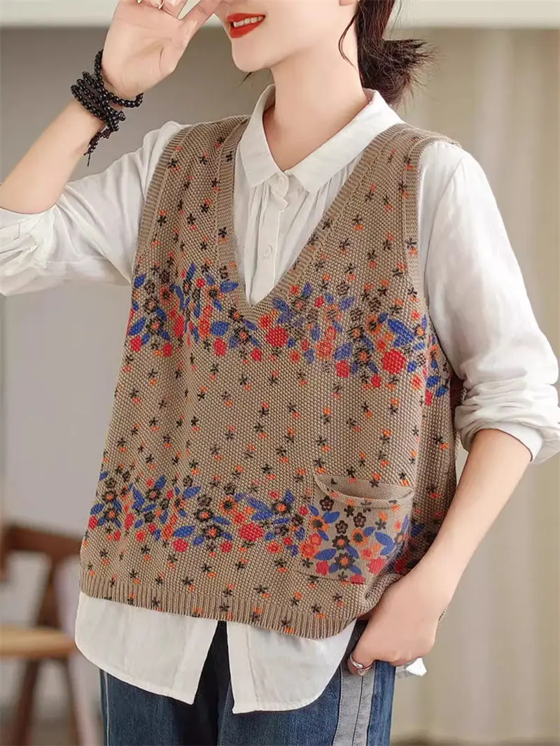 Ethnic Style V-Neck Knitted Sleeveless Vest Loose Short Jacket For Women 2024 Spring Summer Printed Sweater Waistcoat Tops K504