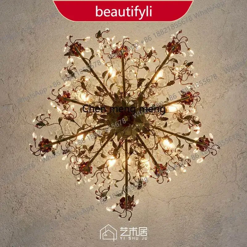 

PP French retro living room chandelier American pastoral creative Bordeaux red crystal candle lamp