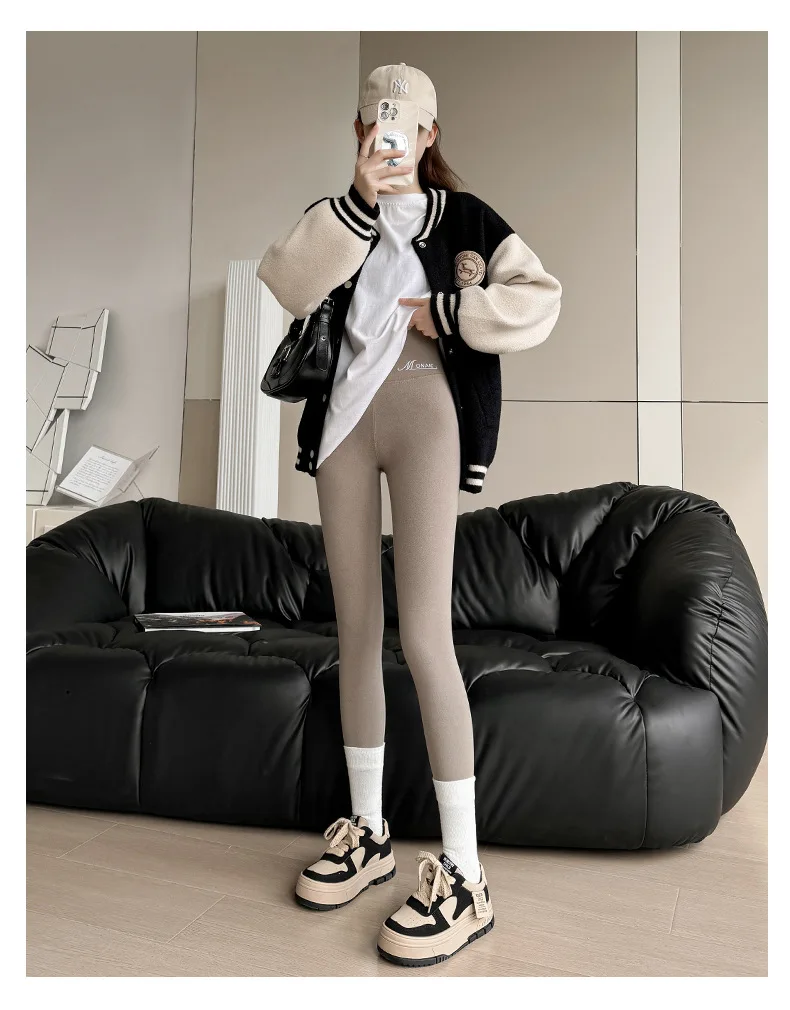 Winter-Kaschmir-Leggings für Damen, solide warme Leggings, hohe Taille, schlanke, dehnbare Hose, große Größe, Hinzufügen von Samt und Verdickungshosen – Detail 23